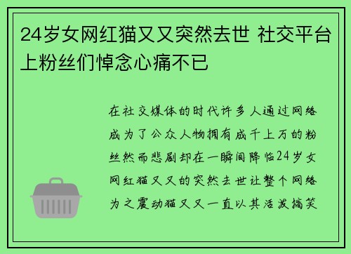 24岁女网红猫又又突然去世 社交平台上粉丝们悼念心痛不已